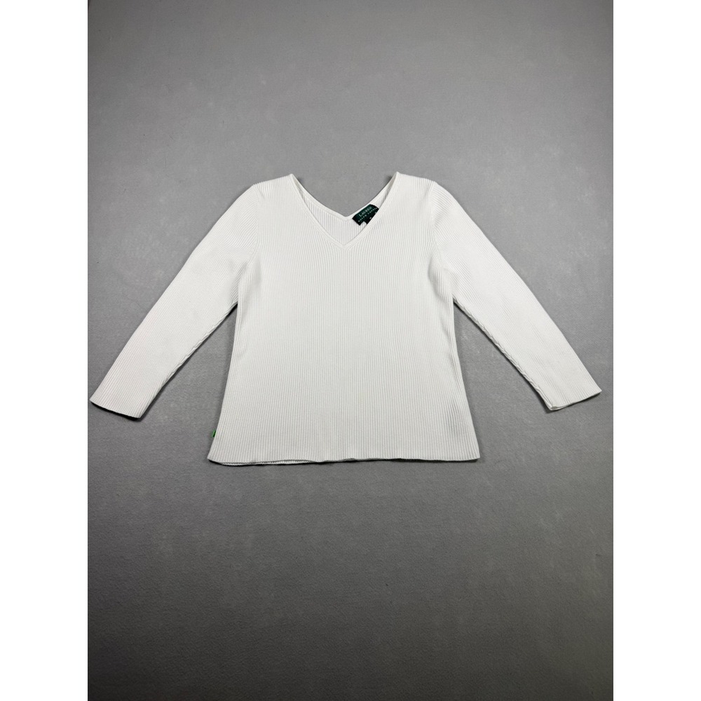 Lauren Ralph Lauren Womens White Ribbed Cotton V-Neck Long Sleeve Sweater M